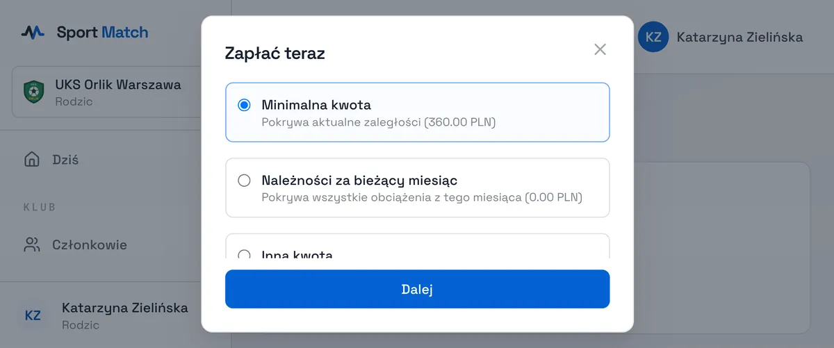 Zrzut ekranu Sport Match: Wybierz kwotę: Minimalna kwota pokrywa zaległości, Należności za bieżący miesiąc — wszystko z tego miesiąca, a Inna kwota pozwala wpłacić więcej. Kliknij Dalej.