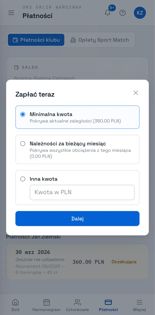 Zrzut ekranu Sport Match: Wybierz kwotę: Minimalna kwota pokrywa zaległości, Należności za bieżący miesiąc — wszystko z tego miesiąca, a Inna kwota pozwala wpłacić więcej. Kliknij Dalej.