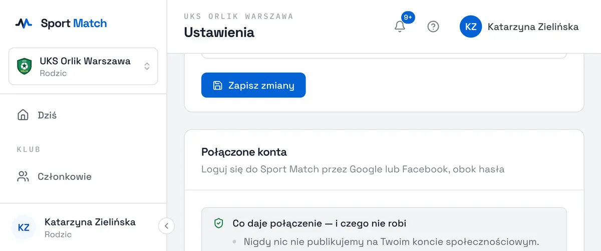 Zrzut ekranu Sport Match: Połączone konta w ustawieniach profilu.