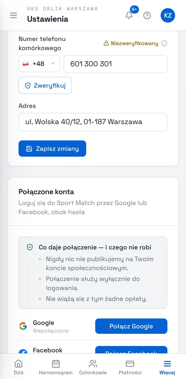 Zrzut ekranu Sport Match: Połączone konta w ustawieniach profilu.