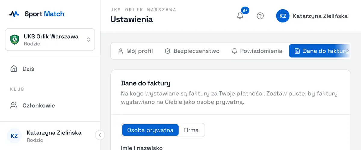 Zrzut ekranu Sport Match: Dane do faktury.