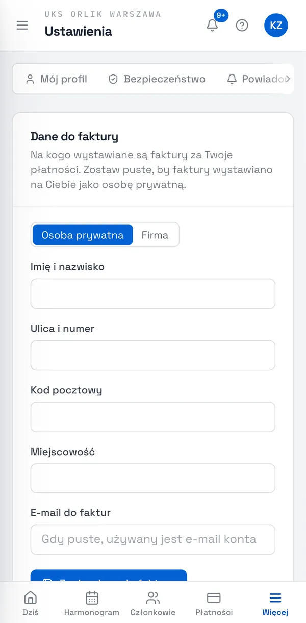 Zrzut ekranu Sport Match: Dane do faktury.