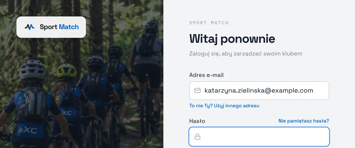 Zrzut ekranu Sport Match: Zapamiętany adres e-mail i „To nie Ty?” na stronie logowania.