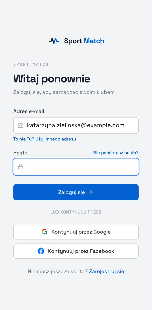 Zrzut ekranu Sport Match: Zapamiętany adres e-mail i „To nie Ty?” na stronie logowania.