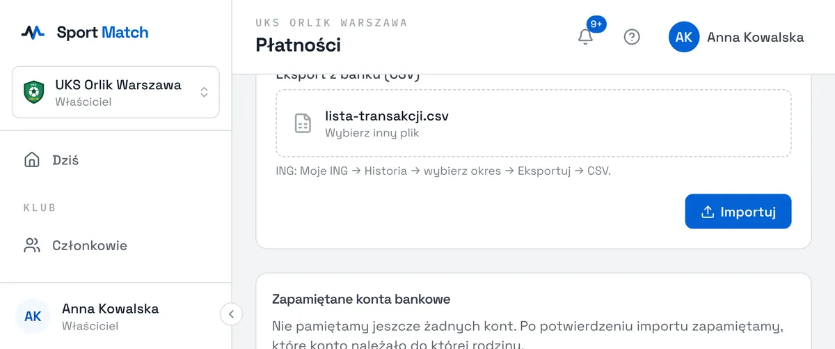 Zrzut ekranu Sport Match: W Sport Match otwórz Płatności i wybierz Importuj wyciąg bankowy. Wskaż pobrany plik i wybierz Importuj.