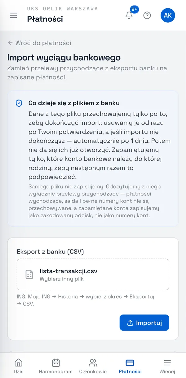 Zrzut ekranu Sport Match: W Sport Match otwórz Płatności i wybierz Importuj wyciąg bankowy. Wskaż pobrany plik i wybierz Importuj.
