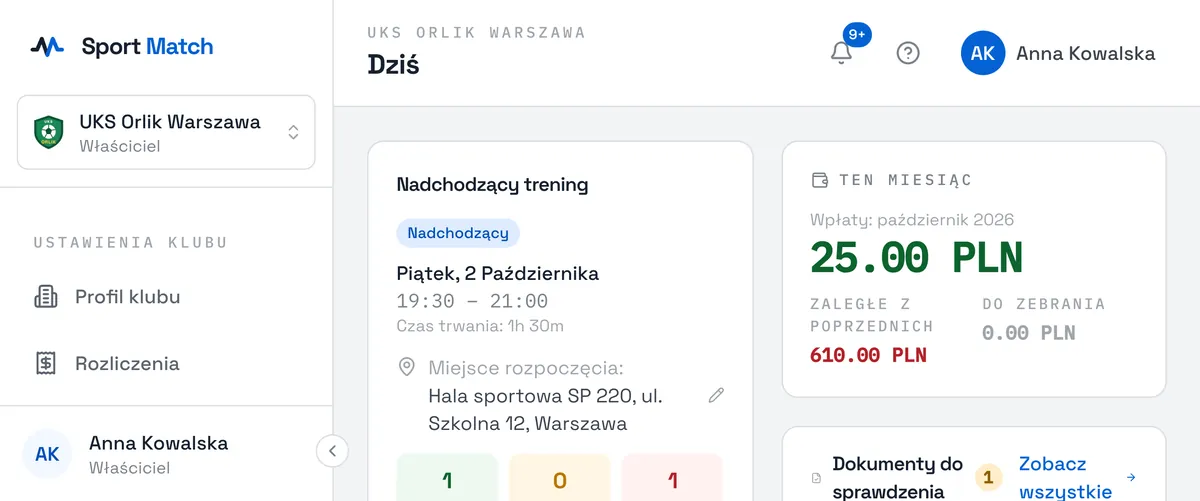 Zrzut ekranu Sport Match: Na komputerze ustawienia klubu są na dole menu bocznego, w sekcji „Ustawienia klubu”. Na telefonie otwórz „Więcej” na dolnym pasku.