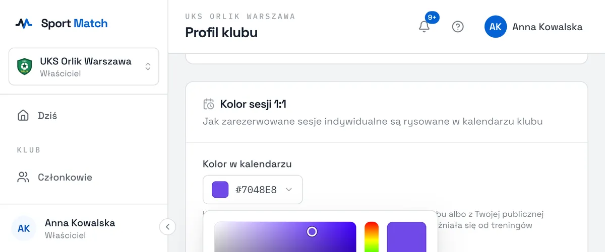 Zrzut ekranu Sport Match: W karcie Kolor sesji 1:1 kliknij pole Kolor w kalendarzu, wybierz kolor (z palety, propozycji albo wpisując kod hex), wybierz Zastosuj, a potem Zapisz zmiany.