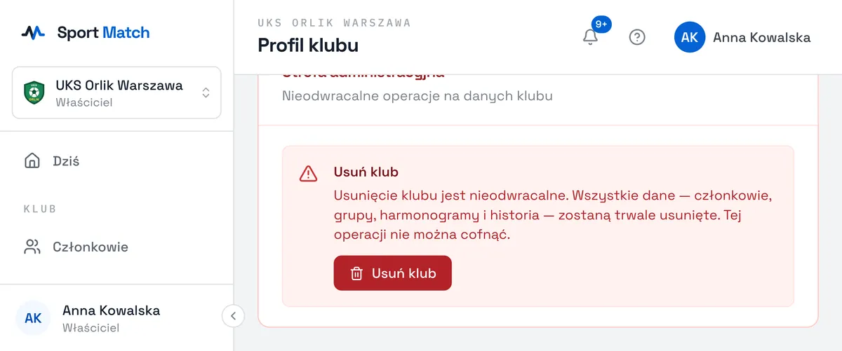 Zrzut ekranu Sport Match: Strefa administracyjna na dole strony.