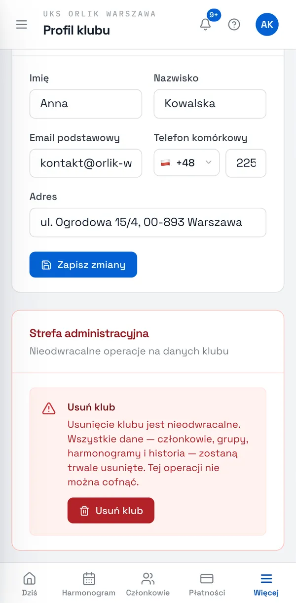 Zrzut ekranu Sport Match: Strefa administracyjna na dole strony.
