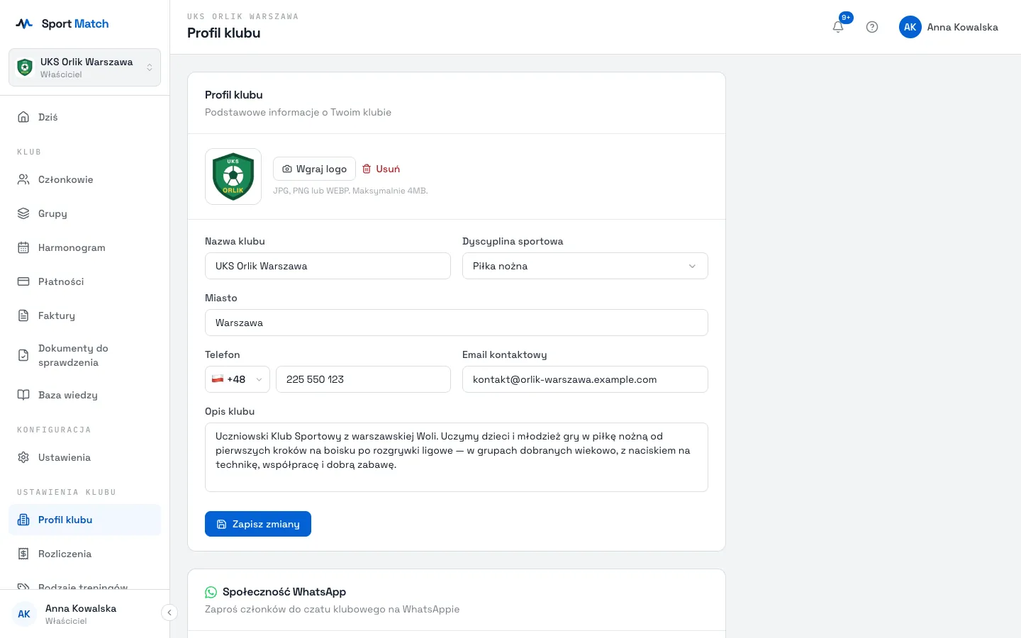 Zrzut ekranu Sport Match: Wybierz Wgraj logo i wskaż plik JPG, PNG lub WEBP (do 4 MB). Logo pojawi się w przełączniku klubów, na kodach QR zaproszeń i na każdym PDF, który aplikacja generuje dla klubu (wzory dokumentów, podgląd faktury). Usuń zdejmuje logo.