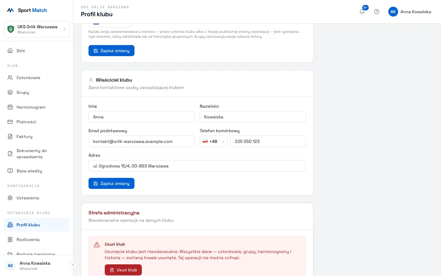 Zrzut ekranu Sport Match: Dane kontaktowe osoby zarządzającej klubem.