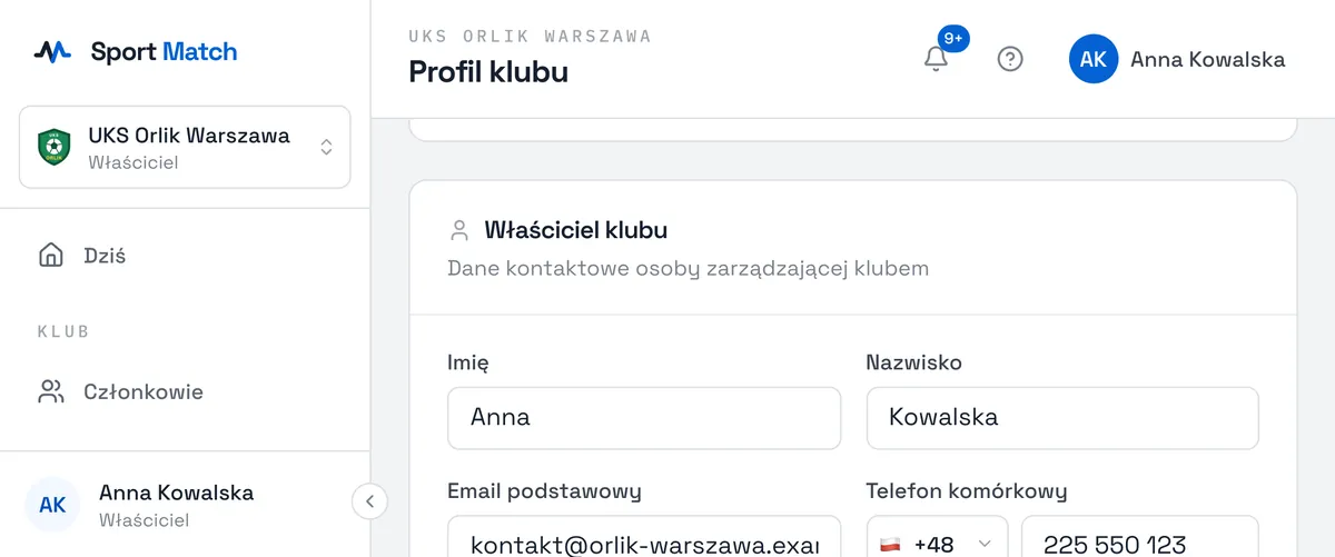 Zrzut ekranu Sport Match: Dane kontaktowe osoby zarządzającej klubem.