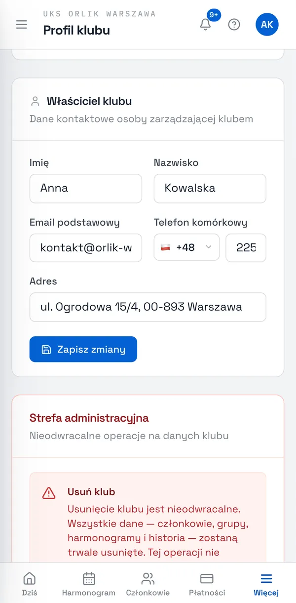 Zrzut ekranu Sport Match: Dane kontaktowe osoby zarządzającej klubem.