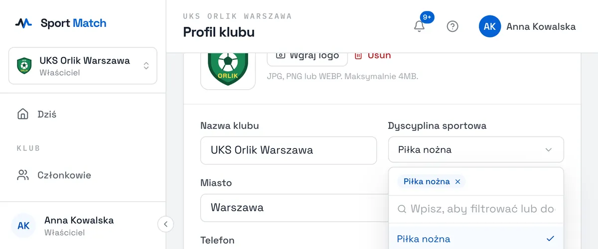 Zrzut ekranu Sport Match: W polu Dyscyplina sportowa wybierz jedną lub więcej dyscyplin z listy albo wpisz własną i dodaj ją.