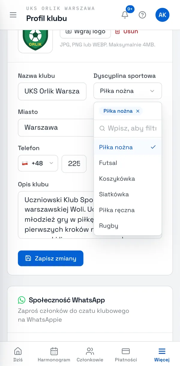 Zrzut ekranu Sport Match: W polu Dyscyplina sportowa wybierz jedną lub więcej dyscyplin z listy albo wpisz własną i dodaj ją.