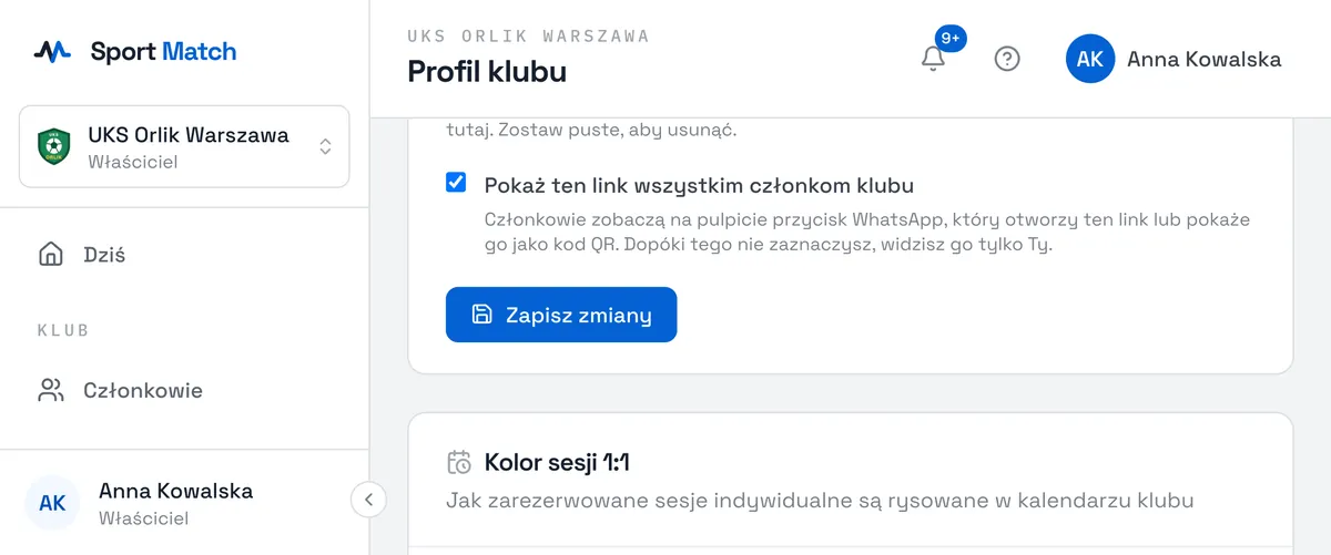 Zrzut ekranu Sport Match: Wklej go w polu Link z zaproszeniem, zaznacz Pokaż ten link wszystkim członkom klubu i wybierz Zapisz zmiany. Dopóki pole nie jest zaznaczone, link widzisz tylko Ty.