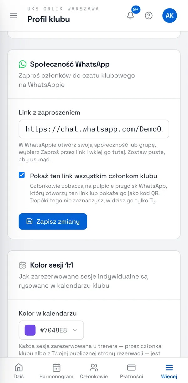Zrzut ekranu Sport Match: Wklej go w polu Link z zaproszeniem, zaznacz Pokaż ten link wszystkim członkom klubu i wybierz Zapisz zmiany. Dopóki pole nie jest zaznaczone, link widzisz tylko Ty.