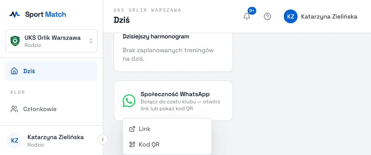 Zrzut ekranu Sport Match: Członkowie zobaczą na ekranie Dziś kartę z ikoną WhatsAppa. Po jej dotknięciu wybierają Link (otwiera WhatsAppa) albo Kod QR (do zeskanowania drugim telefonem).