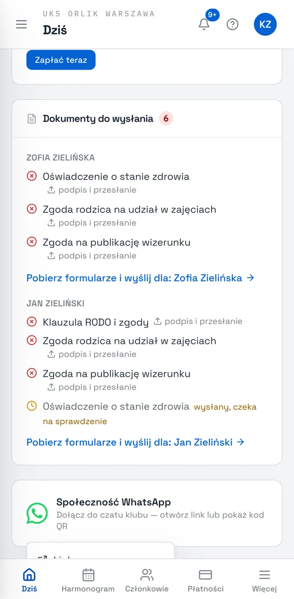 Zrzut ekranu Sport Match: Członkowie zobaczą na ekranie Dziś kartę z ikoną WhatsAppa. Po jej dotknięciu wybierają Link (otwiera WhatsAppa) albo Kod QR (do zeskanowania drugim telefonem).