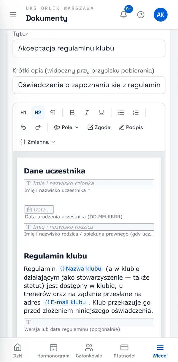 Zrzut ekranu Sport Match: Kliknij Edytuj przy swoim wzorze. Na górze wybierz Typ dokumentu (gdzie trafią przesłane pliki) i Dla kogo jest wzór: Wszyscy, Dzieci (podpisuje rodzic) albo Dorośli.