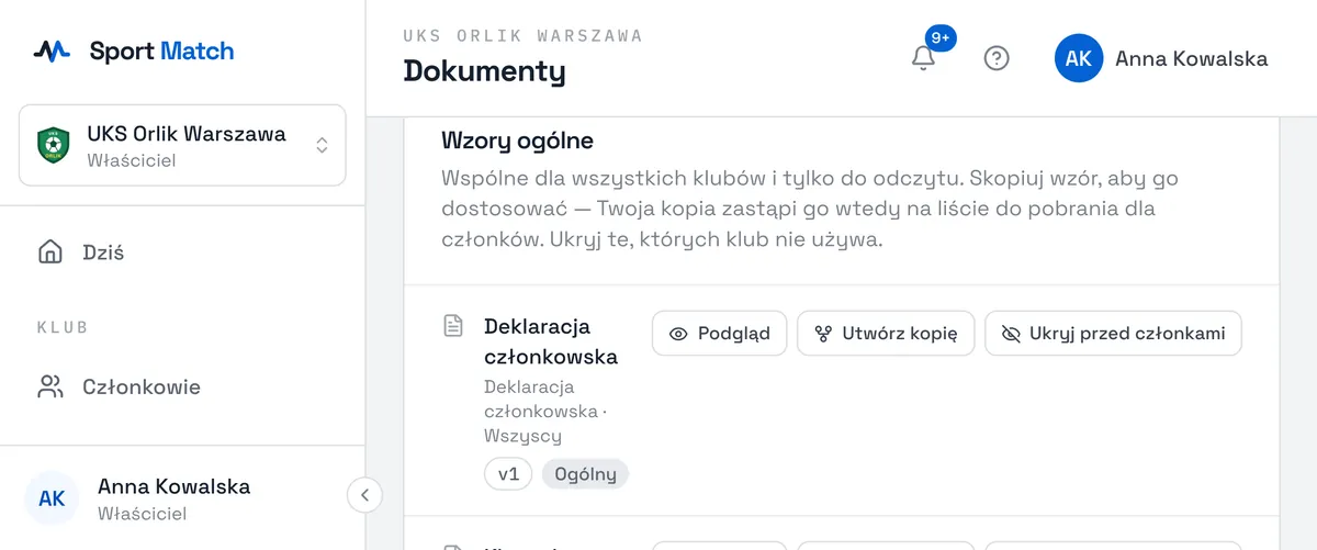 Zrzut ekranu Sport Match: W menu Ustawienia klubu otwórz Dokumenty, zakładka Wzory dokumentów.