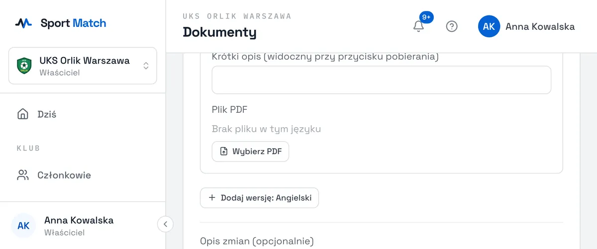 Zrzut ekranu Sport Match: Kliknij Prześlij PDF. Wybierz Typ dokumentu i Dla kogo, wpisz Tytuł i Krótki opis, a potem Wybierz PDF.