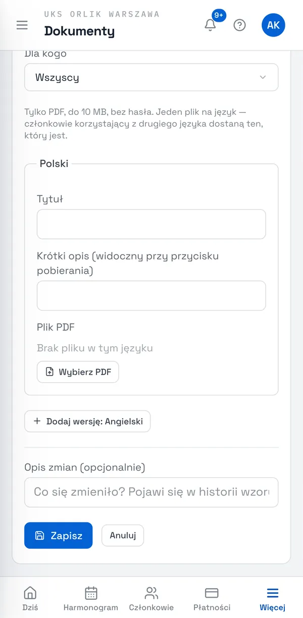 Zrzut ekranu Sport Match: Kliknij Prześlij PDF. Wybierz Typ dokumentu i Dla kogo, wpisz Tytuł i Krótki opis, a potem Wybierz PDF.