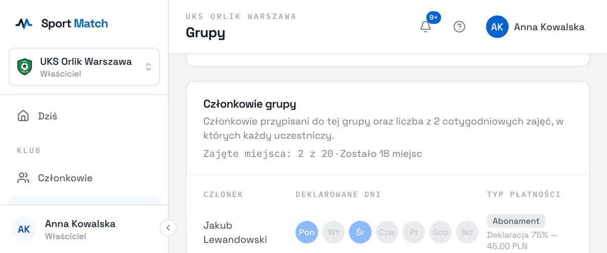 Zrzut ekranu Sport Match: Jeśli grupa ma ustawioną Maks. liczbę członków, nad listą widać, ile miejsc jest zajętych i ile zostało (np. „Zajęte miejsca: 2 z 20 · Zostało 18 miejsc”). Pełnej grupie nie przypiszesz nikogo więcej — najpierw kogoś z niej usuń albo zwiększ limit w ustawieniach grupy.