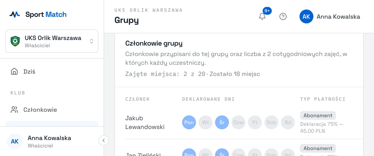 Zrzut ekranu Sport Match: W sekcji Przypisz członka wybierz osobę z listy Wybierz członka…, ustaw Typ płatności (Abonament albo Płatność za pojedyncze zajęcia) i — przy abonamencie — Poziom zobowiązania. Wybierz Przypisz.
