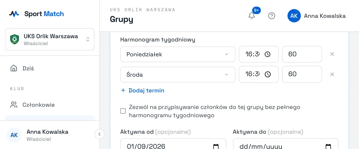 Zrzut ekranu Sport Match: W Harmonogramie tygodniowym wybierz Dodaj termin i ustaw dzień, godzinę i czas trwania (w minutach) każdego treningu. Krzyżyk usuwa termin.