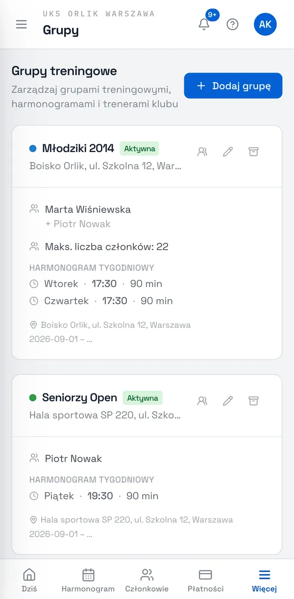 Zrzut ekranu Sport Match: Wybierz Dodaj grupę. Aby zmienić istniejącą grupę, wybierz ołówek Edytuj na jej karcie.