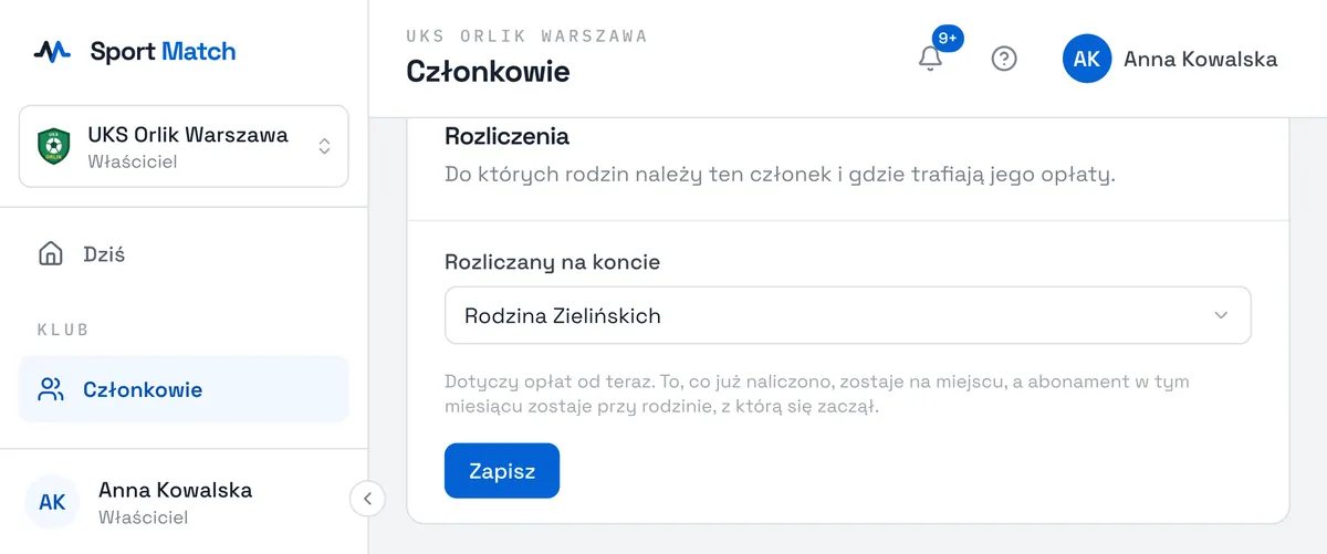 Zrzut ekranu Sport Match: Na stronie członka, w sekcji Rozliczenia, widzisz i zmieniasz, na jakim koncie jest Rozliczany — rodziny albo Płaci za siebie.