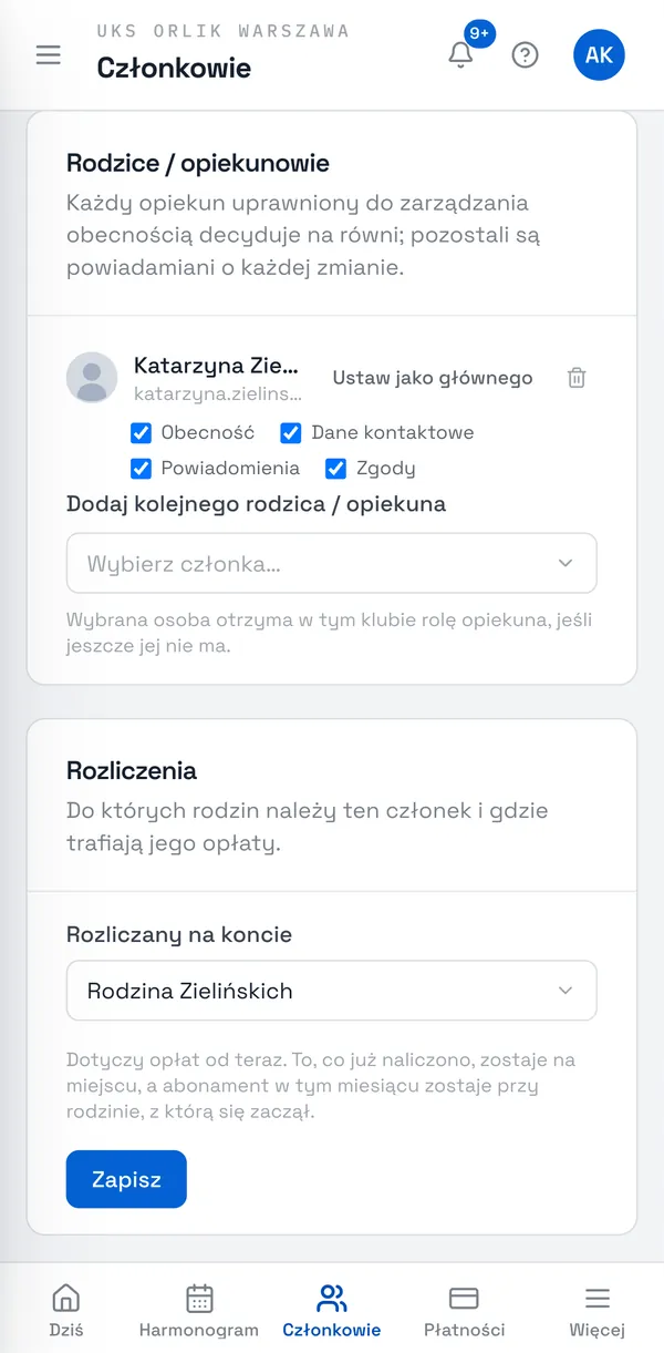 Zrzut ekranu Sport Match: Na stronie członka, w sekcji Rozliczenia, widzisz i zmieniasz, na jakim koncie jest Rozliczany — rodziny albo Płaci za siebie.