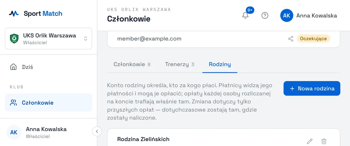 Zrzut ekranu Sport Match: W Członkowie otwórz zakładkę Rodziny i kliknij Nowa rodzina.