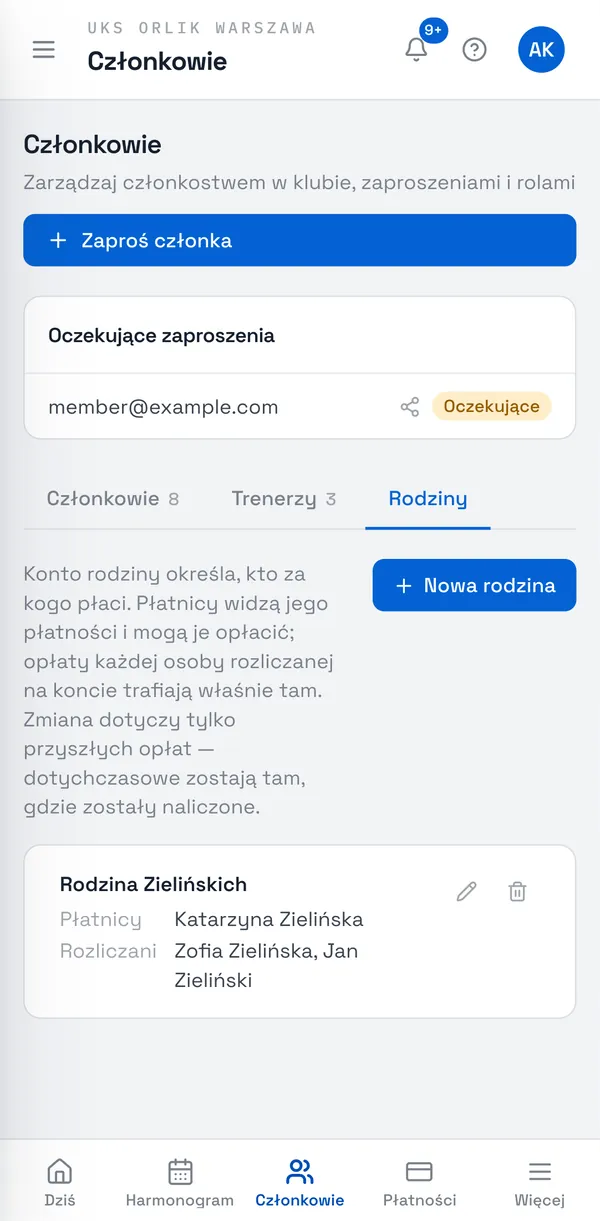 Zrzut ekranu Sport Match: W Członkowie otwórz zakładkę Rodziny i kliknij Nowa rodzina.