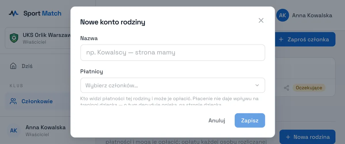 Zrzut ekranu Sport Match: Wpisz Nazwę (np. „Kowalscy — konto Anny”), wybierz Płatników i osoby Rozliczane na tym koncie, potem Zapisz.