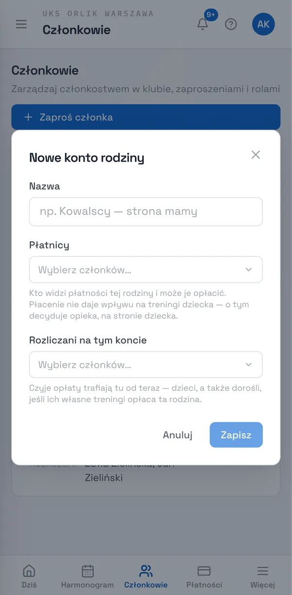 Zrzut ekranu Sport Match: Wpisz Nazwę (np. „Kowalscy — konto Anny”), wybierz Płatników i osoby Rozliczane na tym koncie, potem Zapisz.