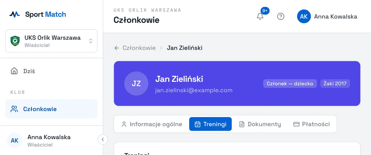 Zrzut ekranu Sport Match: Zakładka Treningi: odmowy po lewej, udział po prawej.
