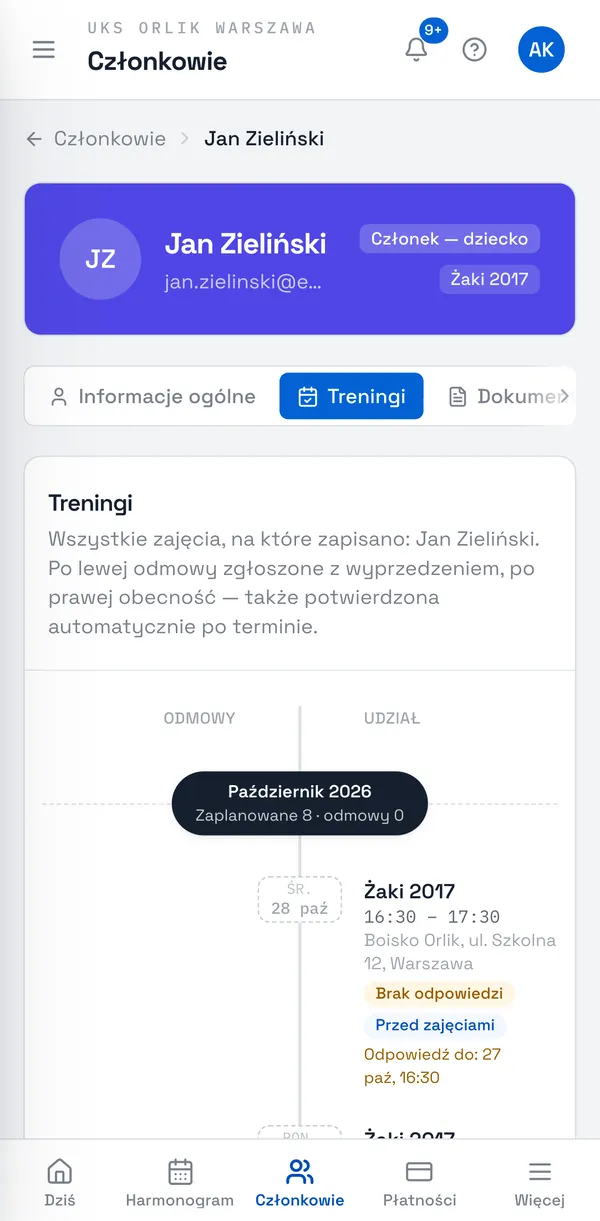 Zrzut ekranu Sport Match: Zakładka Treningi: odmowy po lewej, udział po prawej.