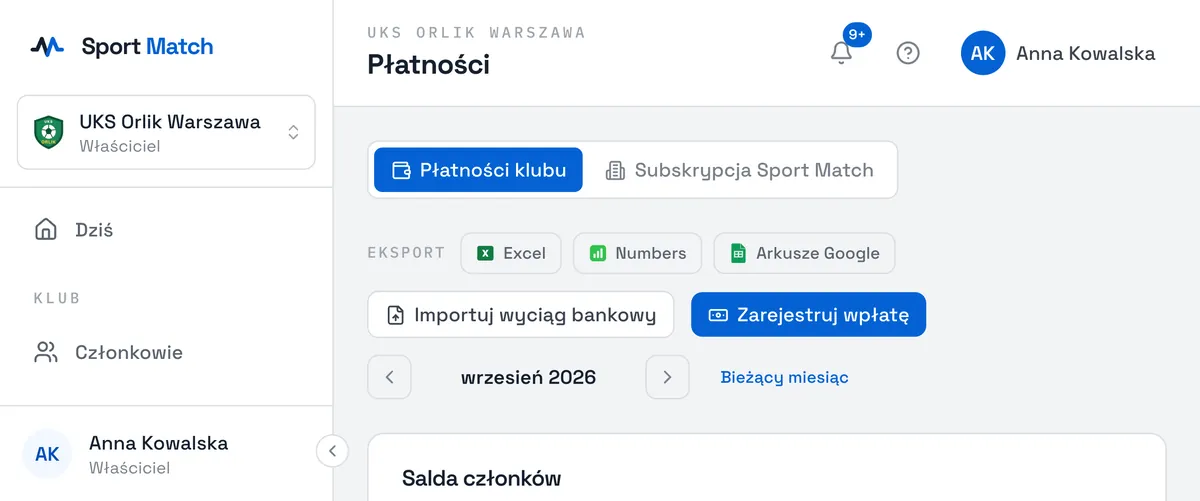 Zrzut ekranu Sport Match: Otwórz Płatności. Strzałkami obok nazwy miesiąca przejdź do miesiąca, który chcesz sprawdzić; Bieżący miesiąc wraca do dziś.