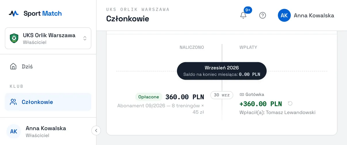 Zrzut ekranu Sport Match: Otwórz zakładkę Płatności członka. Przy ręcznie zarejestrowanej wpłacie kliknij ikonę strzałki Cofnij tę wpłatę i potwierdź.