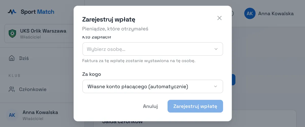 Zrzut ekranu Sport Match: W Płatnościach (albo na zakładce Płatności członka) kliknij Zarejestruj wpłatę.