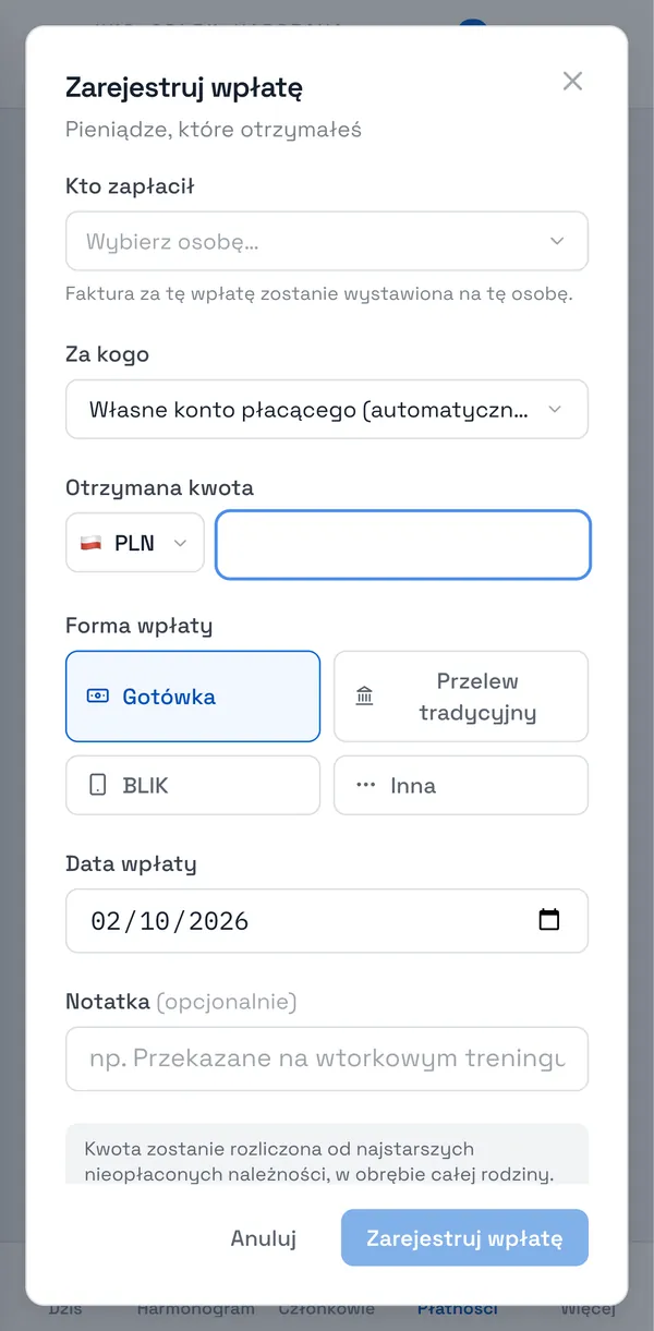 Zrzut ekranu Sport Match: W Płatnościach (albo na zakładce Płatności członka) kliknij Zarejestruj wpłatę.