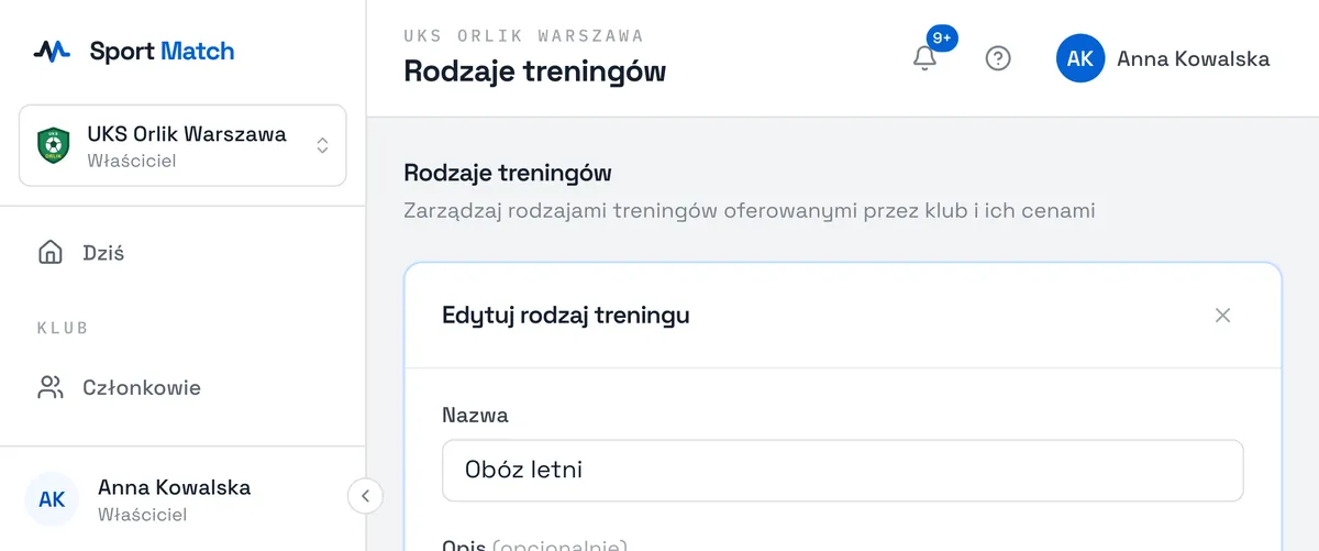 Zrzut ekranu Sport Match: Progi cenowe obozu: liczba dni i cena.