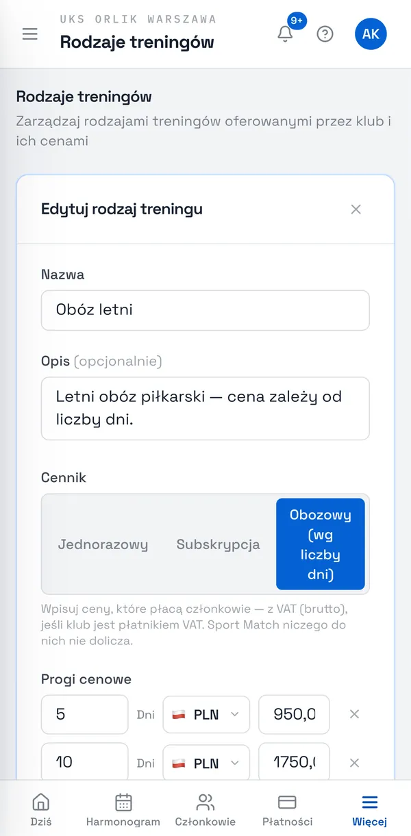 Zrzut ekranu Sport Match: Progi cenowe obozu: liczba dni i cena.