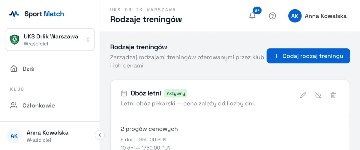Zrzut ekranu Sport Match: Wybierz Dodaj rodzaj treningu.