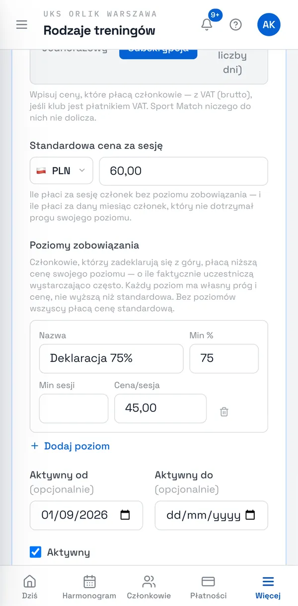 Zrzut ekranu Sport Match: W abonamencie wpisz Standardową cenę za sesję, a w tabeli Poziomy zobowiązania wybierz Dodaj poziom: Nazwa, Min % (wymagana frekwencja), opcjonalnie Min sesji i Cena/sesja. Cena poziomu nie może być wyższa niż standardowa.