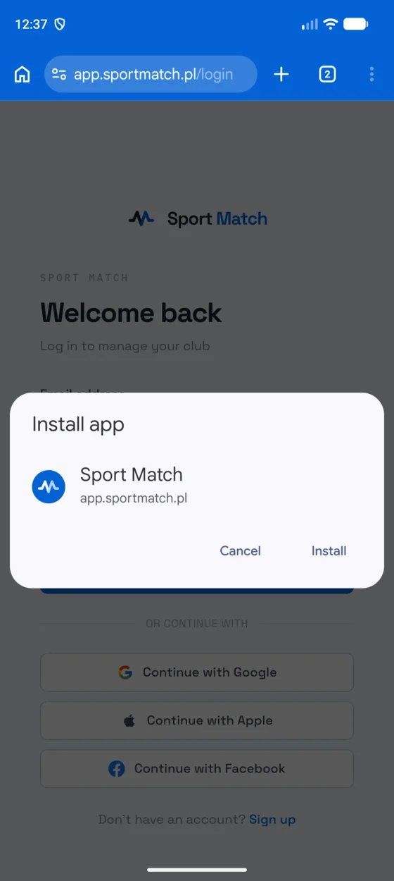 Screenshot: Confirm with Install. The icon appears on your home screen and in the app list.