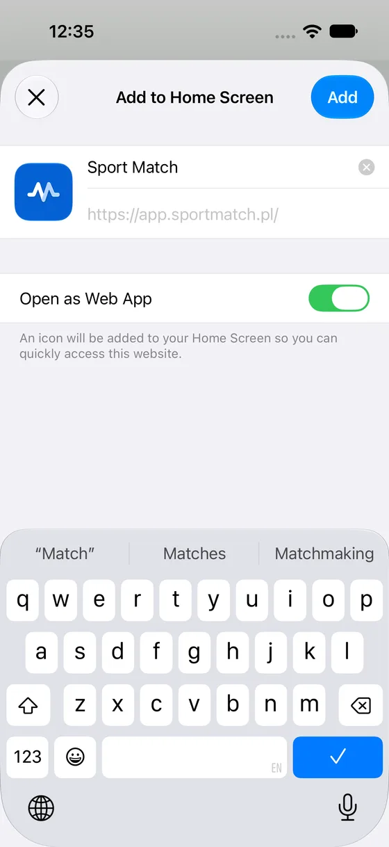 Screenshot: Leave Open as Web App switched on and tap Add.